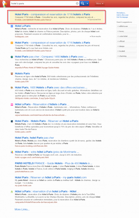 DuckDuckGo02 Un seul lien sponsorisé sur DuckDuckGo.com